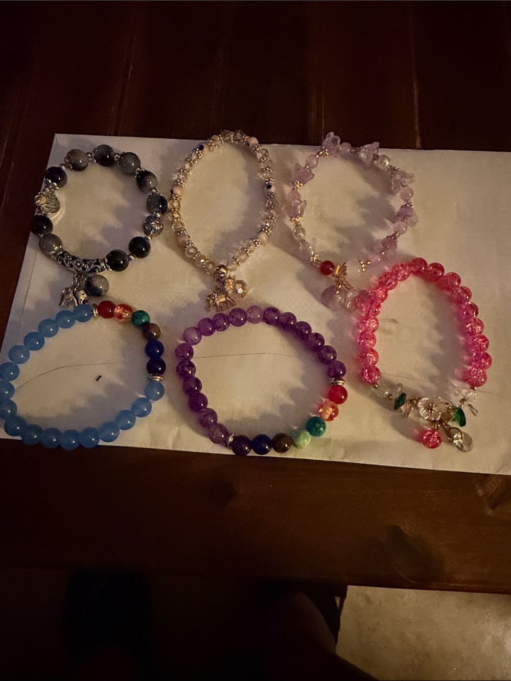 Set of 6-Beaded Stretch Bracelet - Pink, Purple, Blue#11